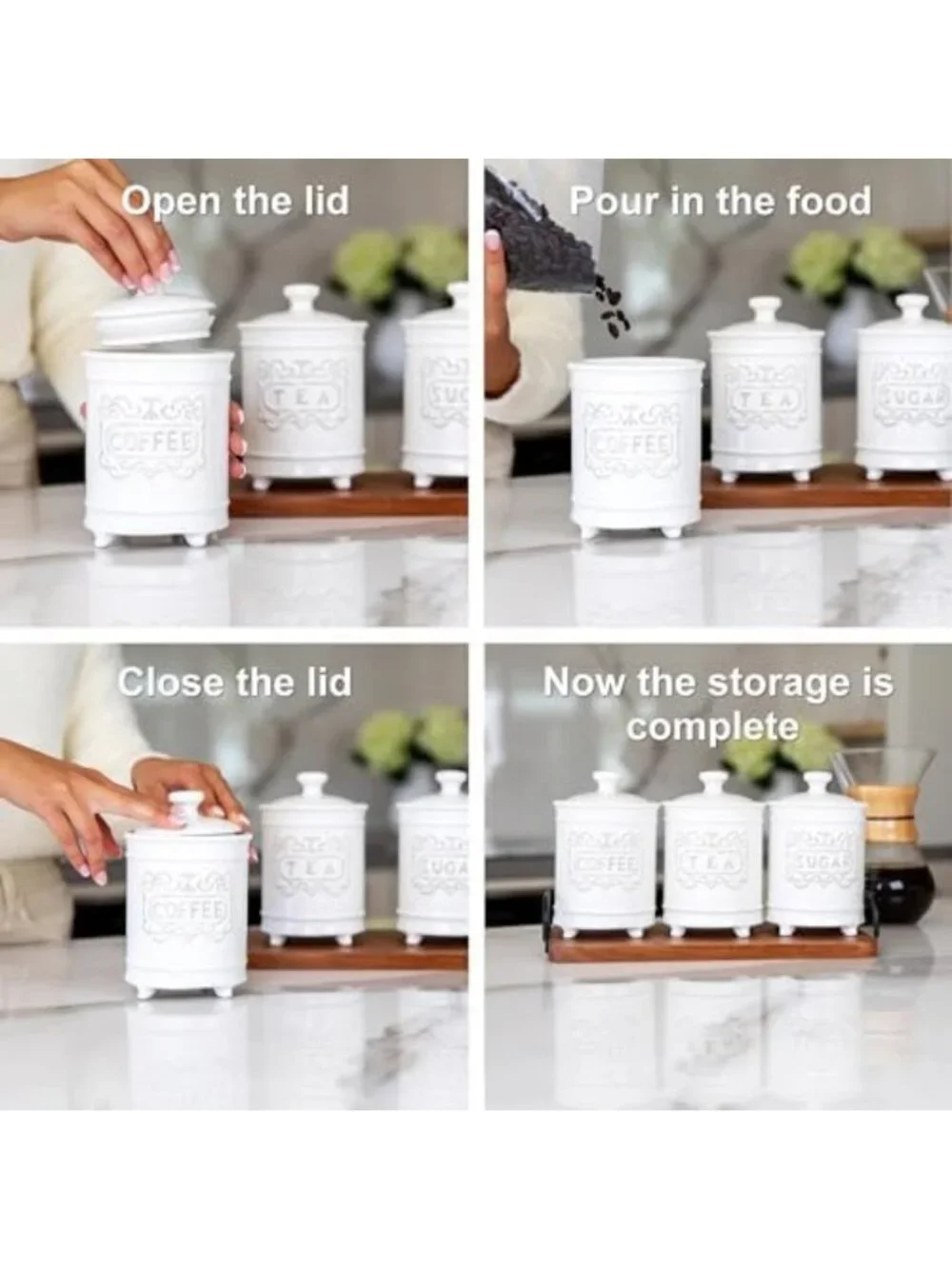 3-Piece Ceramic Canister Set - 35 Oz Each, Airtight Lids, Kitchen Storage